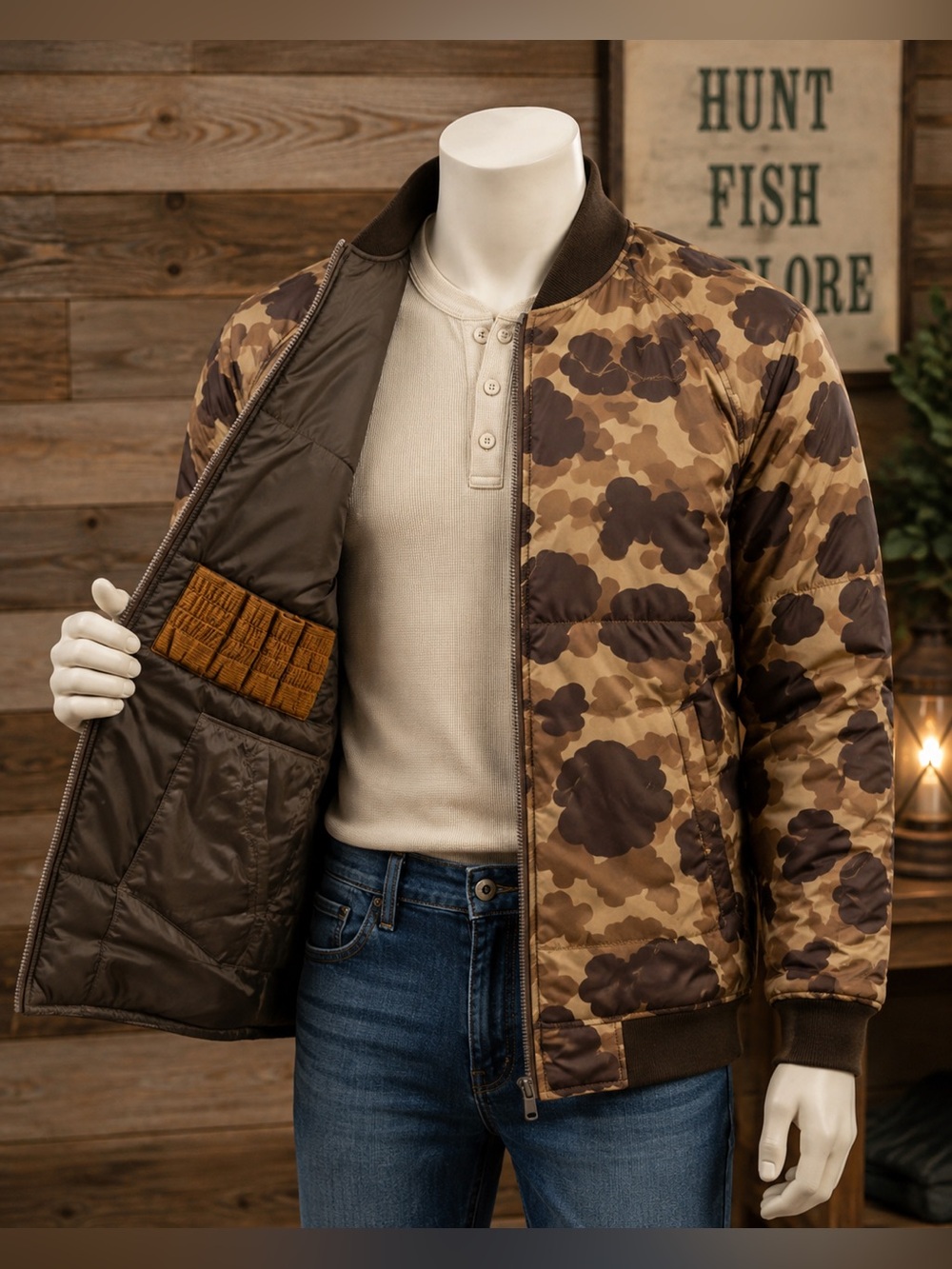Men’s Large Reversible Camo Puffer Jacket Brown Solid Side Zip Front Winter Coat